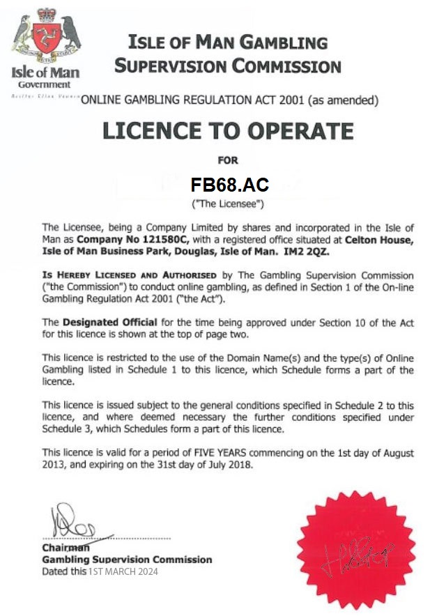 giấy phép isle of man cấp cho fb68
